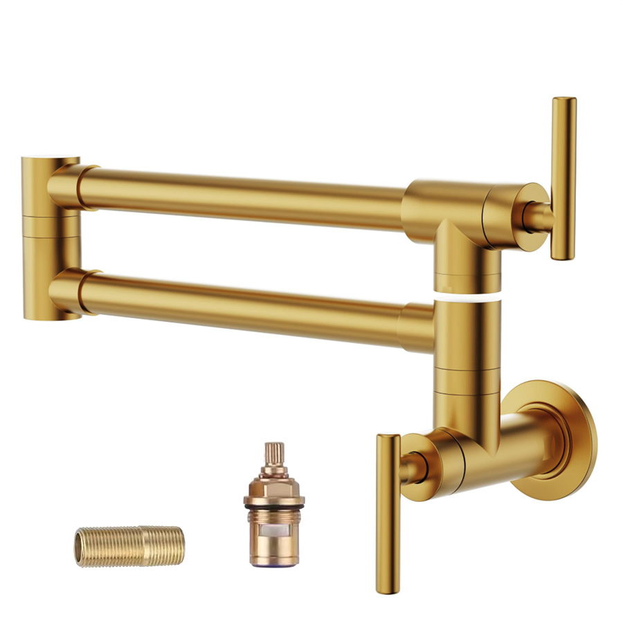 Kitchen Wall Mount Pot Filler Tap Dual Swing Arm Gold Folding Brass Faucet