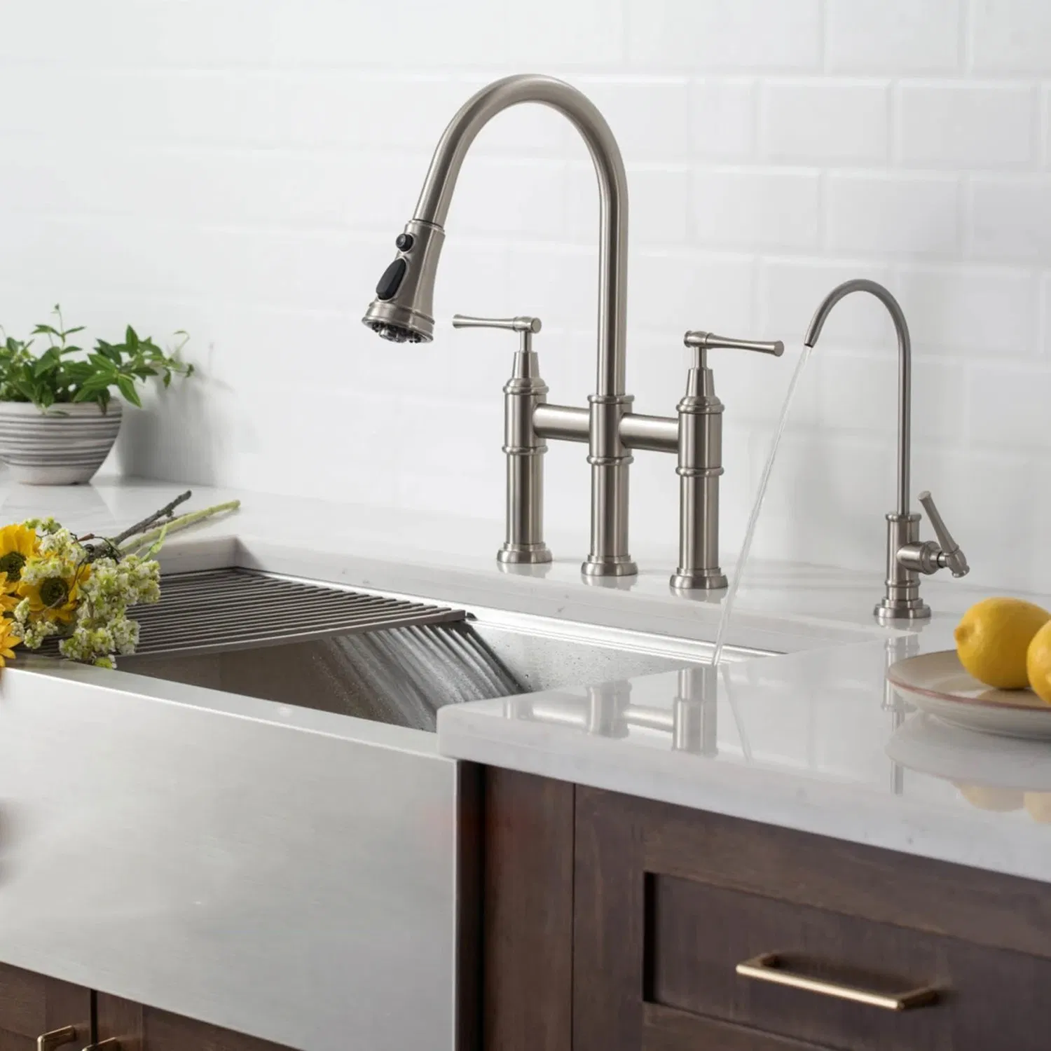 Brushed Nickel Bridge Kitchen Faucet with Pull-Down Sprayhead 3 Hole Kitchen Sink Faucet