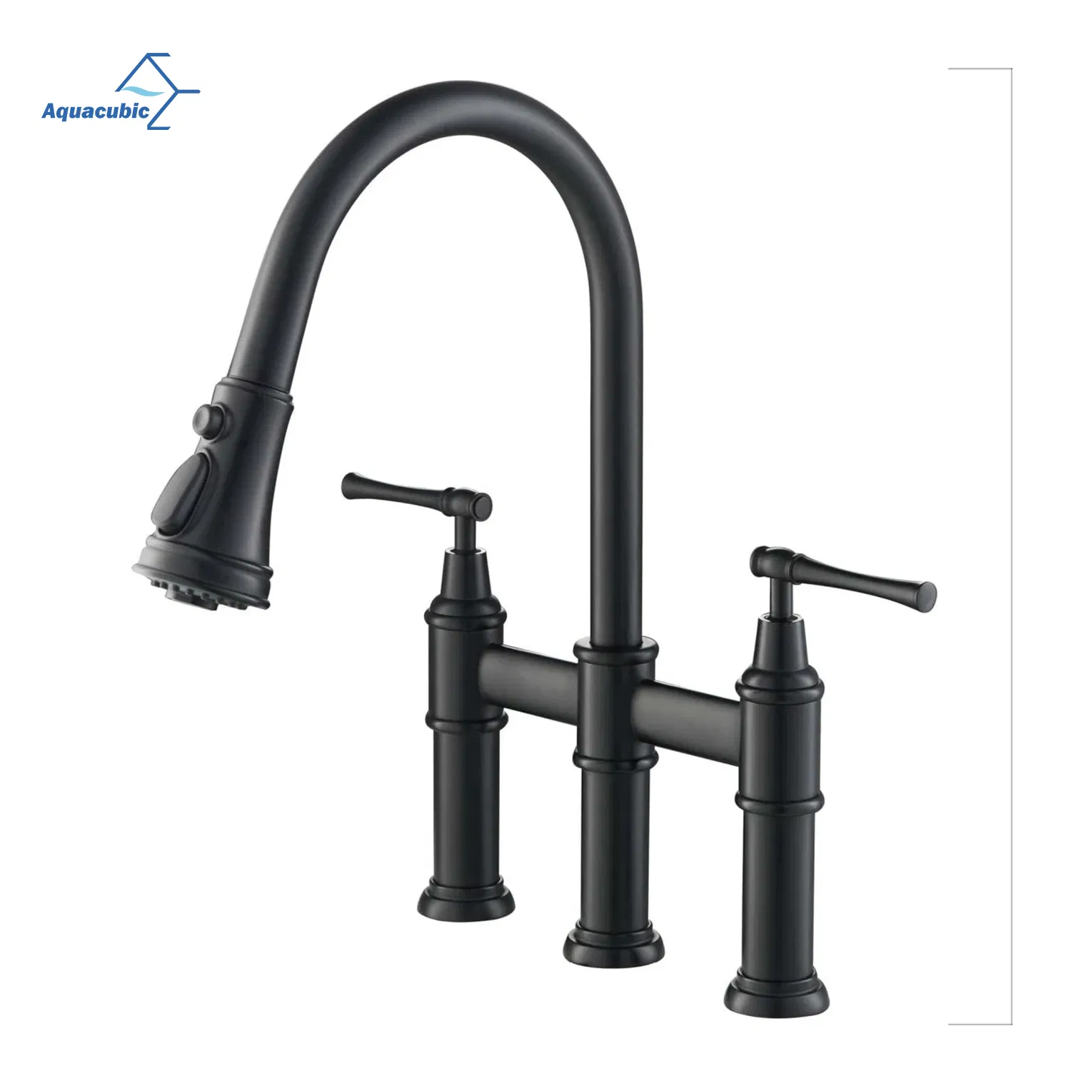 Aquacubic Matte Black Transitional Bridge Kitchen Faucet with Pull Down Sprayer