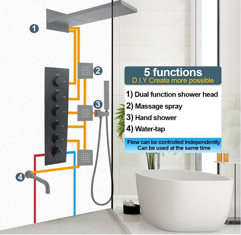 Brass Concealed 5-Way Thermostatic Valve Shower Mixer Water Diverter with Round Knobs Black