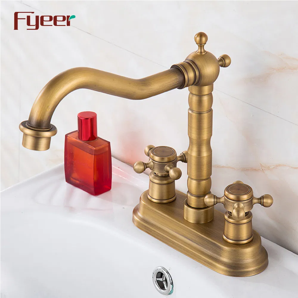 Fyeer Double Hole Deck Mounted Antique Brass Bathroom Basin Mixer