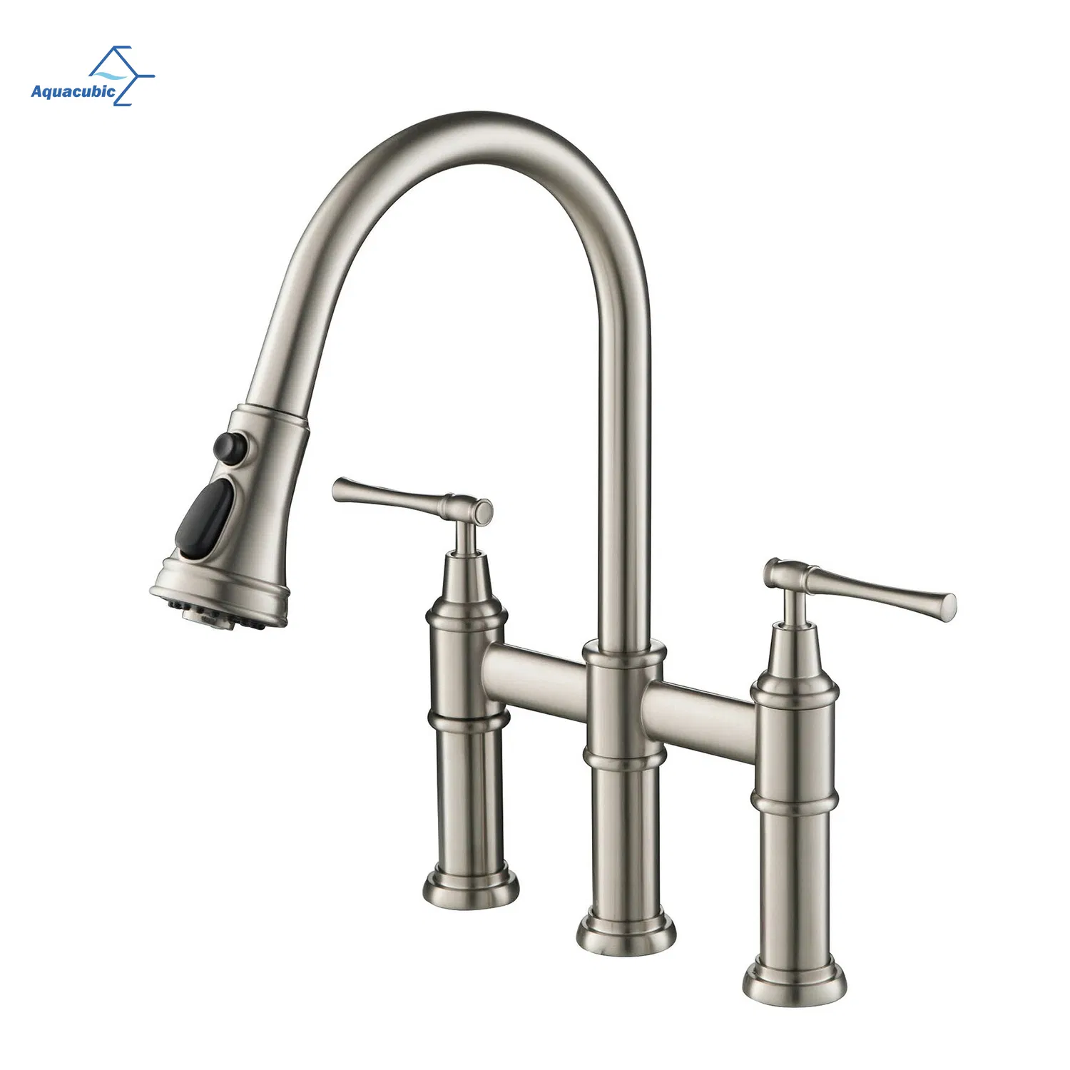 Brushed Nickel Bridge Kitchen Faucet with Pull-Down Sprayhead 3 Hole Kitchen Sink Faucet