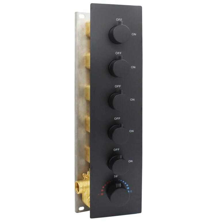 Brass Concealed 5-Way Thermostatic Valve Shower Mixer Water Diverter with Round Knobs Black