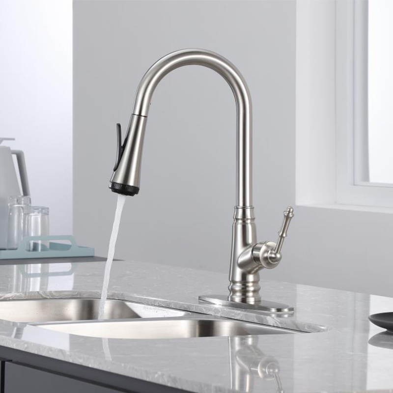 4 Modes Farmhouse Single Handle RV with Deck Plate Brushed Nickel Kitchen Sink Faucet with Pull Down Sprayer