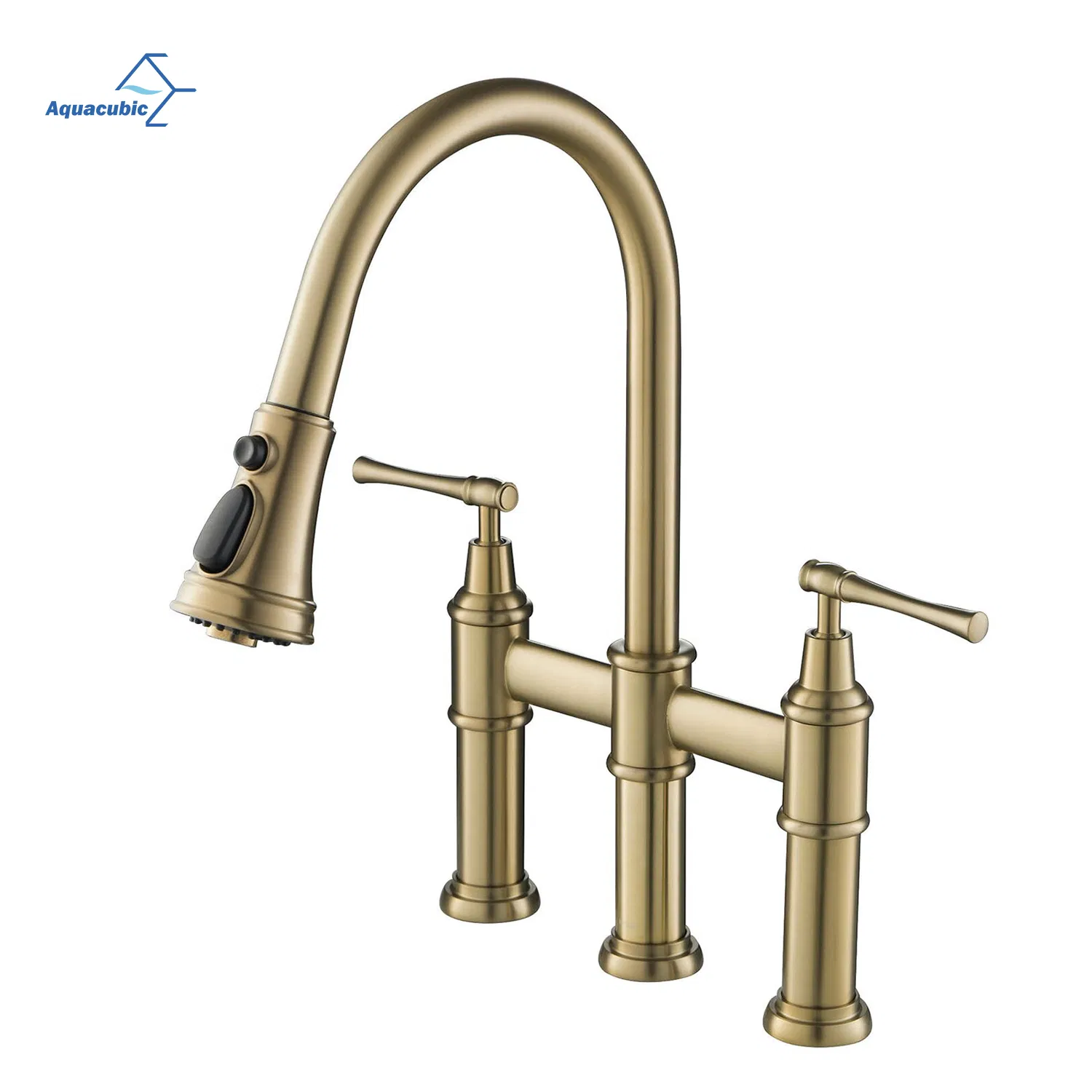 Aquacubic Brass 3 Hole Spot-Resistant Lead-Free Brushed Gold Bridge Kitchen Faucet with Pull Down Sprayer