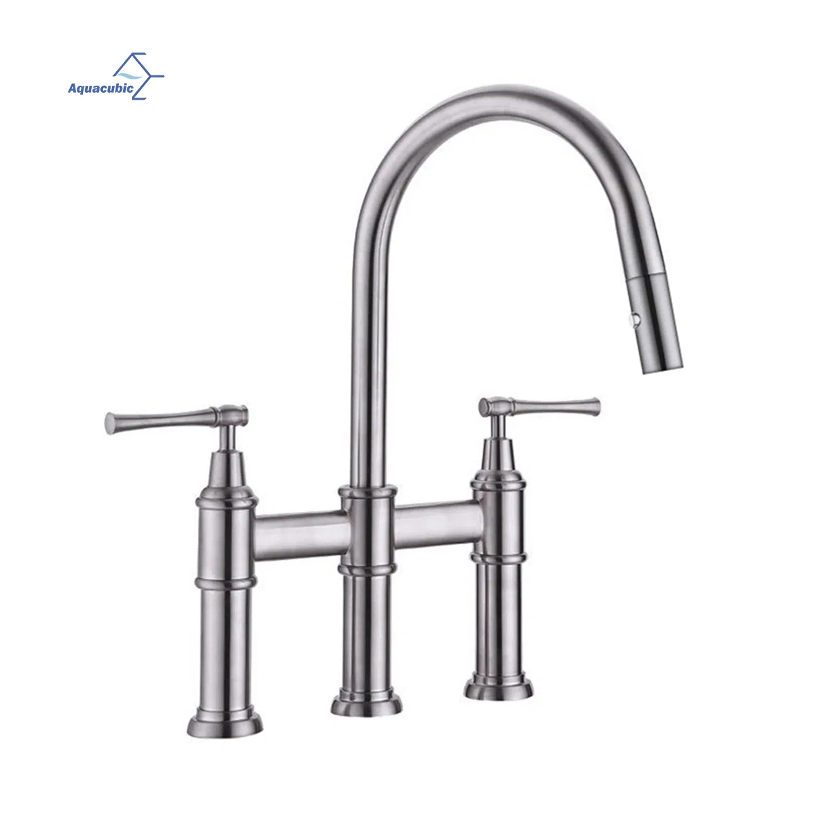Aquacubic Brushed Nickel Bridge Kitchen Antique Faucet with Pull-Down Sprayhead