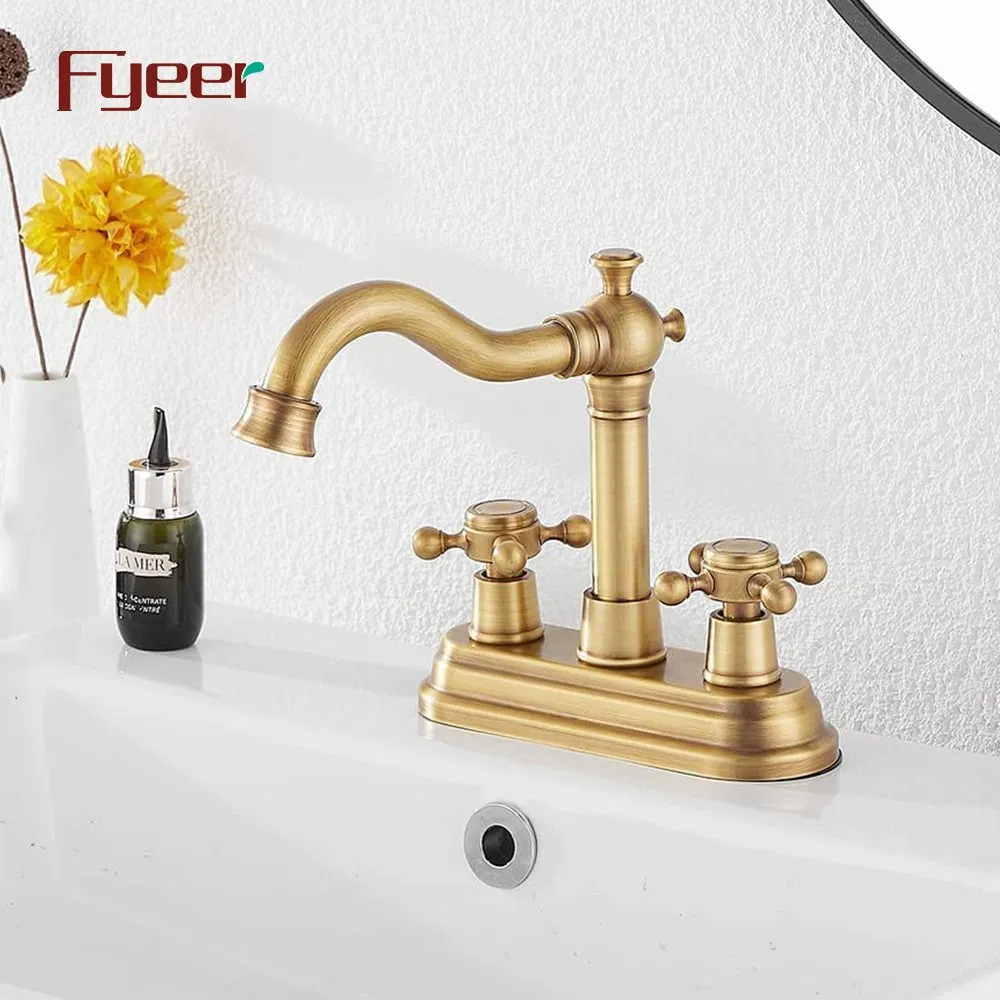 Fyeer Double Hole Deck Mounted Antique Brass Bathroom Basin Mixer