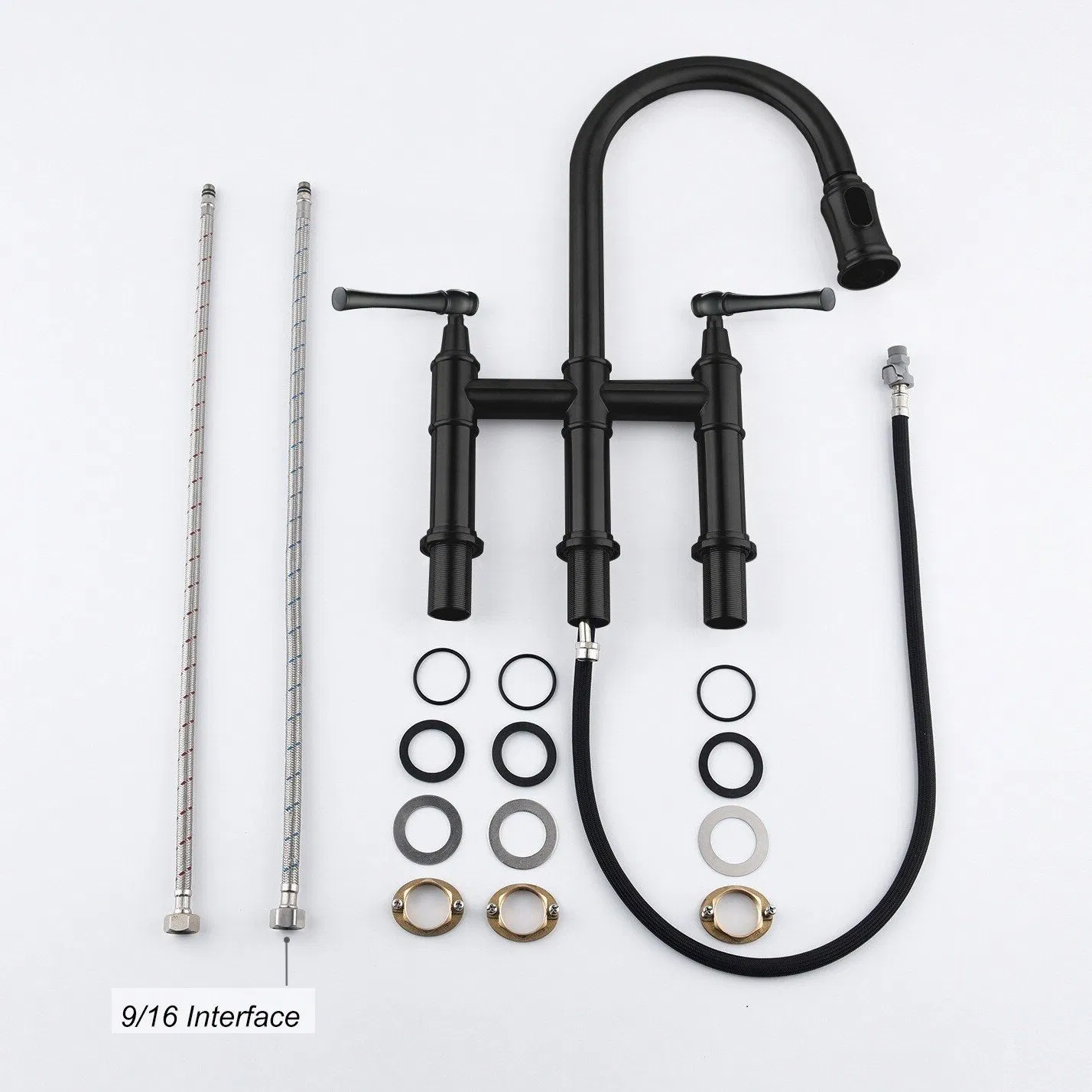 Aquacubic Matte Black Transitional Bridge Kitchen Faucet with Pull Down Sprayer