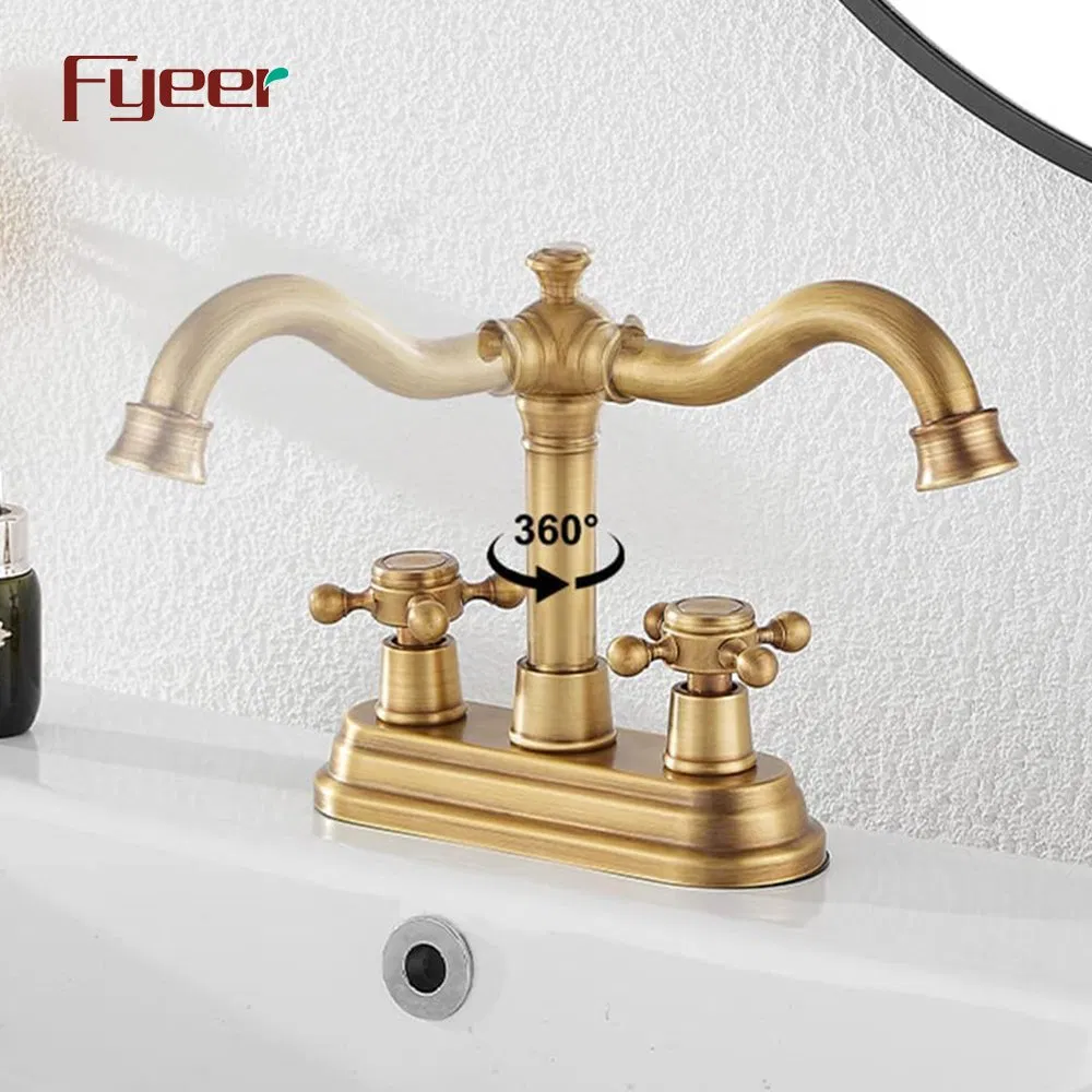 Fyeer Double Hole Deck Mounted Antique Brass Bathroom Basin Mixer