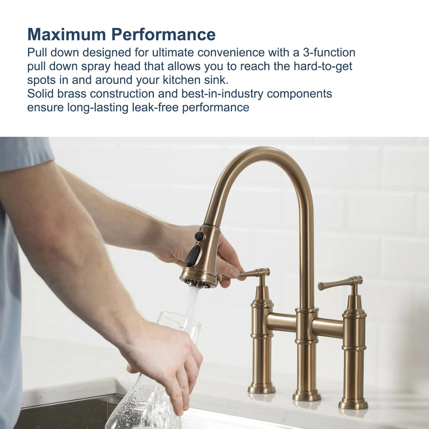 Aquacubic Brass 3 Hole Spot-Resistant Lead-Free Brushed Gold Bridge Kitchen Faucet with Pull Down Sprayer
