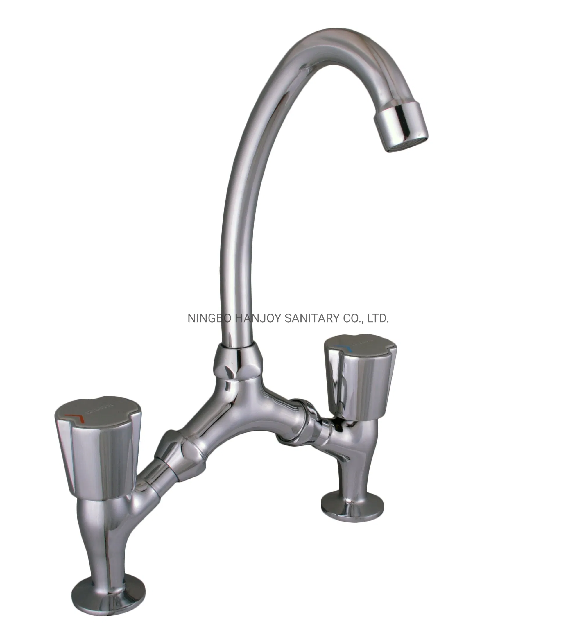Brass Deck Mounted Double Handle Bridge Kitchen Faucet (H56-107)