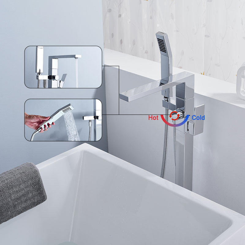 Brass Freestanding Floor Mount Bathroom Bathtub Faucet with Hand Shower