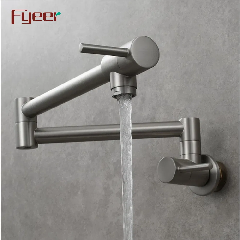 Fyeer Brush Nickle Wall Mounted Folding Kitchen Pot Filler Faucet with Double Joint Swing Arm