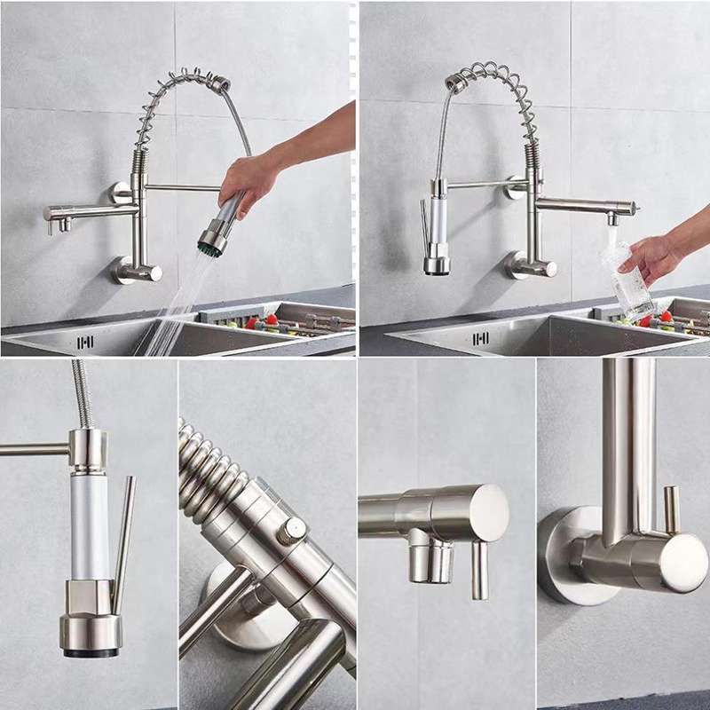 Modern Stainless Steel Pull out Kitchen Faucet 360 Degree Sink Kitchen Tap Spring Commercial Wall Mounted Kitchen Faucet