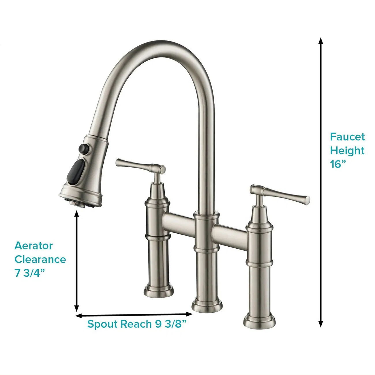 Brushed Nickel Bridge Kitchen Faucet with Pull-Down Sprayhead 3 Hole Kitchen Sink Faucet