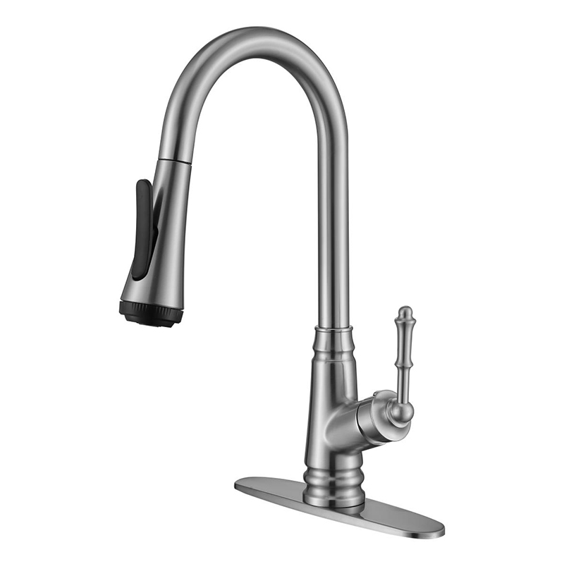 4 Modes Farmhouse Single Handle RV with Deck Plate Brushed Nickel Kitchen Sink Faucet with Pull Down Sprayer