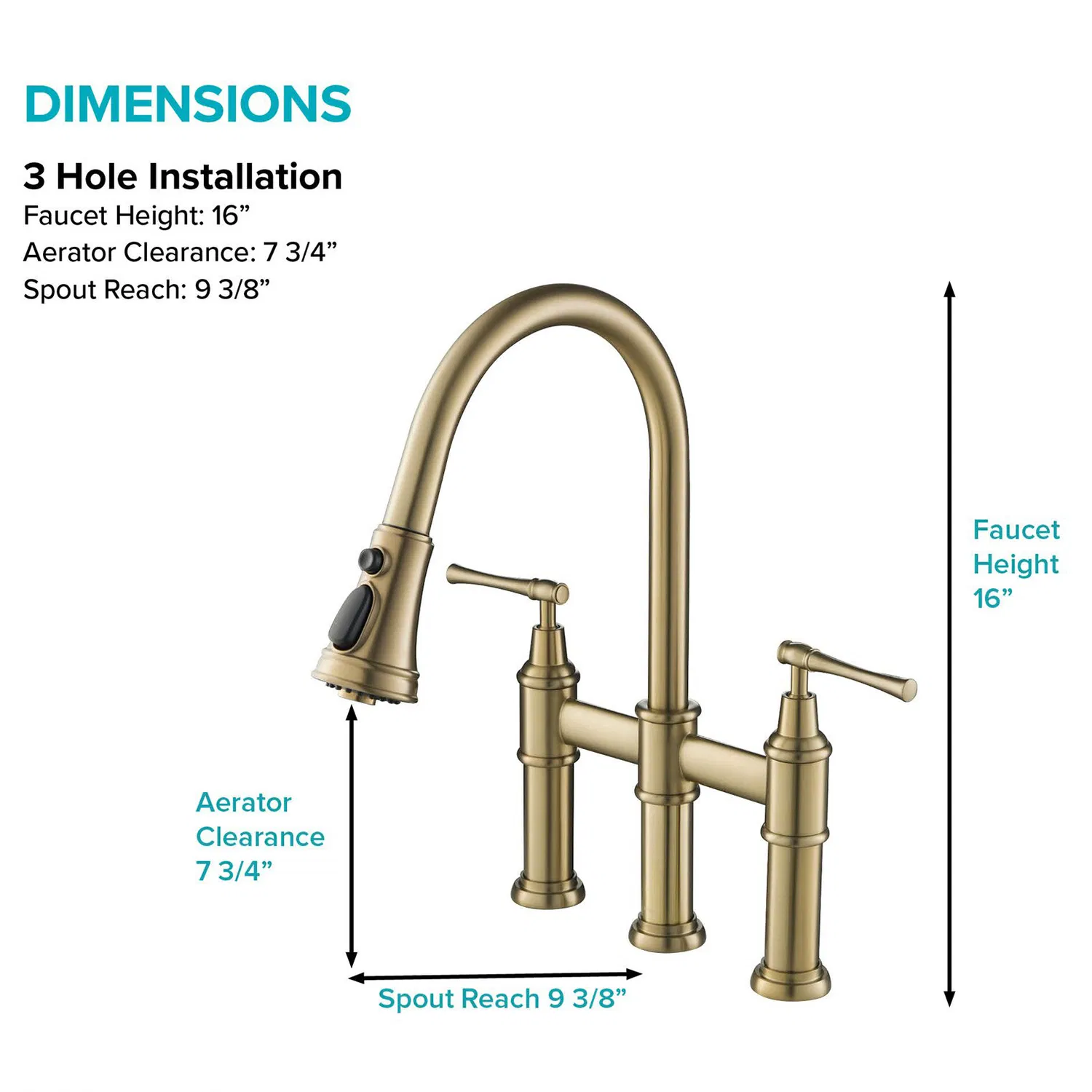 Aquacubic Brass 3 Hole Spot-Resistant Lead-Free Brushed Gold Bridge Kitchen Faucet with Pull Down Sprayer