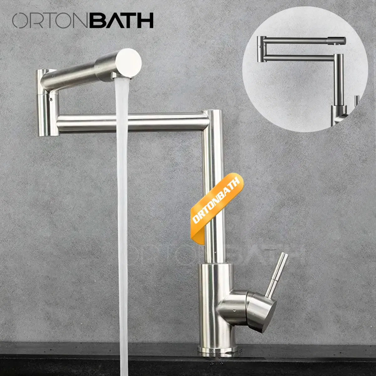 Ortonbath Pot Filler Faucet for Hot Cold Water Folding Kitchen Faucet Black Wall Mount Commercial Restaurant Faucet Brass 3 Handles 2 Hole Double Joint Swivel