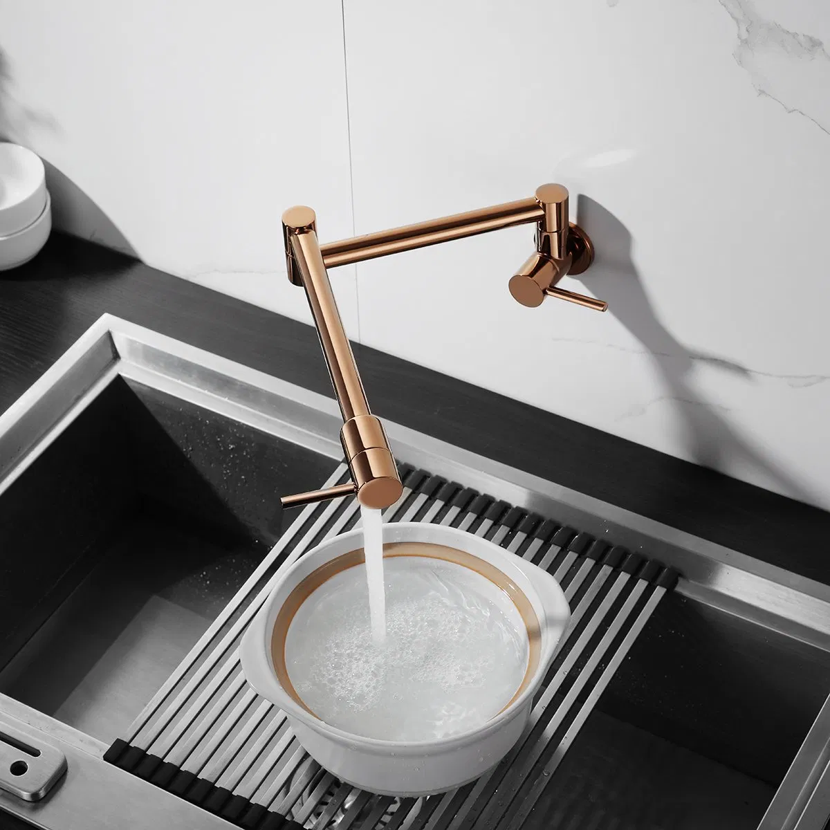 Aquacubic Wall Mount Kitchen Pot Filler Faucet Rose Gold Folding Stretchable Faucet Cozhina En La Pared Grifo De Cocina