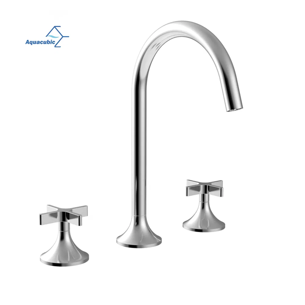 Modern 3 Hole Deck Mounted Dual Handle Hot Cold Water Supply Chrome Finish Brass Hand Wash Basin Mixer