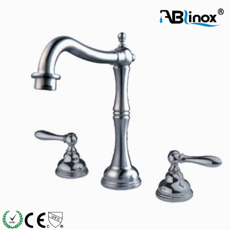 Stainless Steel Three Holes Deck Mounted Two Lever Handle Basin Mixer