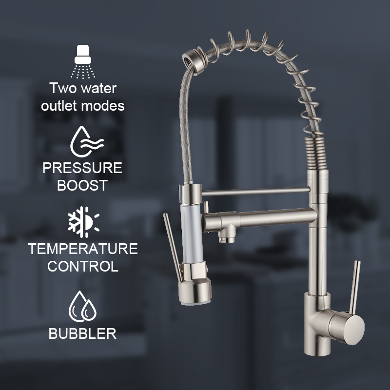 OEM Custom Modern Kitchen Spring Faucet Pull out Faucet with Sprayer Matte Black SUS 304 Faucet with Rain/Steam Mode