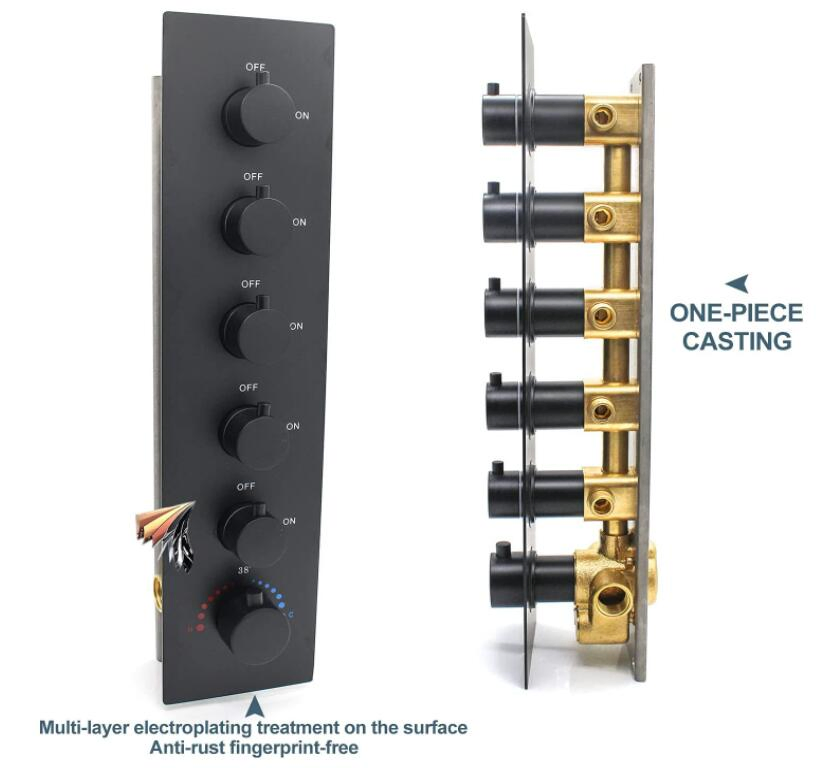 Brass Concealed 5-Way Thermostatic Valve Shower Mixer Water Diverter with Round Knobs Black