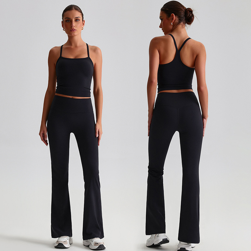 مجموعة ملابس رياضية للنساء تتكون من قميص قصير بتصميم Y-Back وسروال ليجنز عالي الخصر مع أرجل واسعة 2