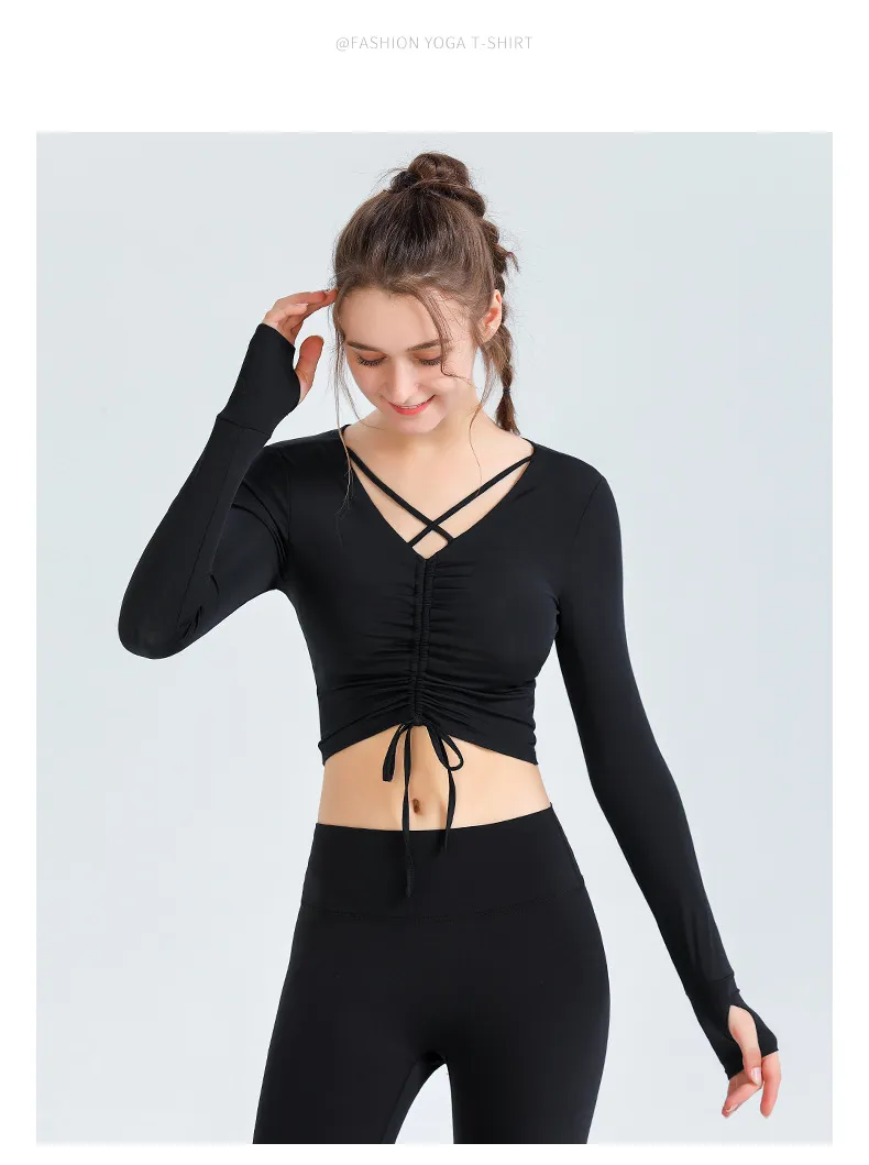 قمصان رياضية طويلة الأكمام للنساء، بلوزات يوجا قصيرة، مع سحب أمامي، مناسبة للتمارين الرياضية واللياقة البدنية