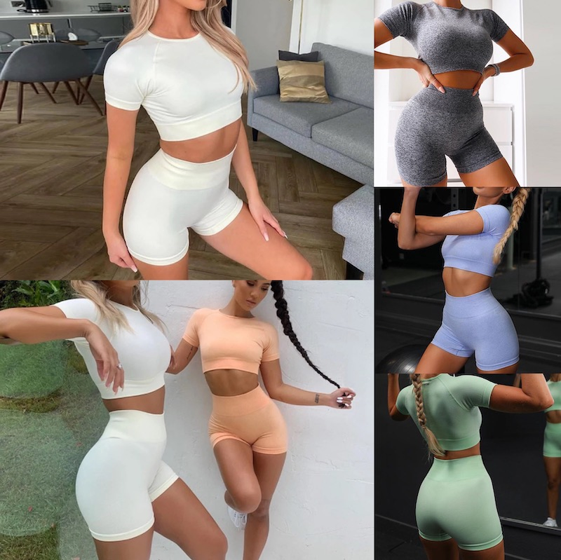 أفضل مبيع 3 قطعة ملابس لياقة بدنية يوجا بدون seams للنساء، قميص قصير الأكمام مخصص + حمالة صدر رياضية مبطنة + شورتات جري عالية الخصر، مصنع ملابس نشطة