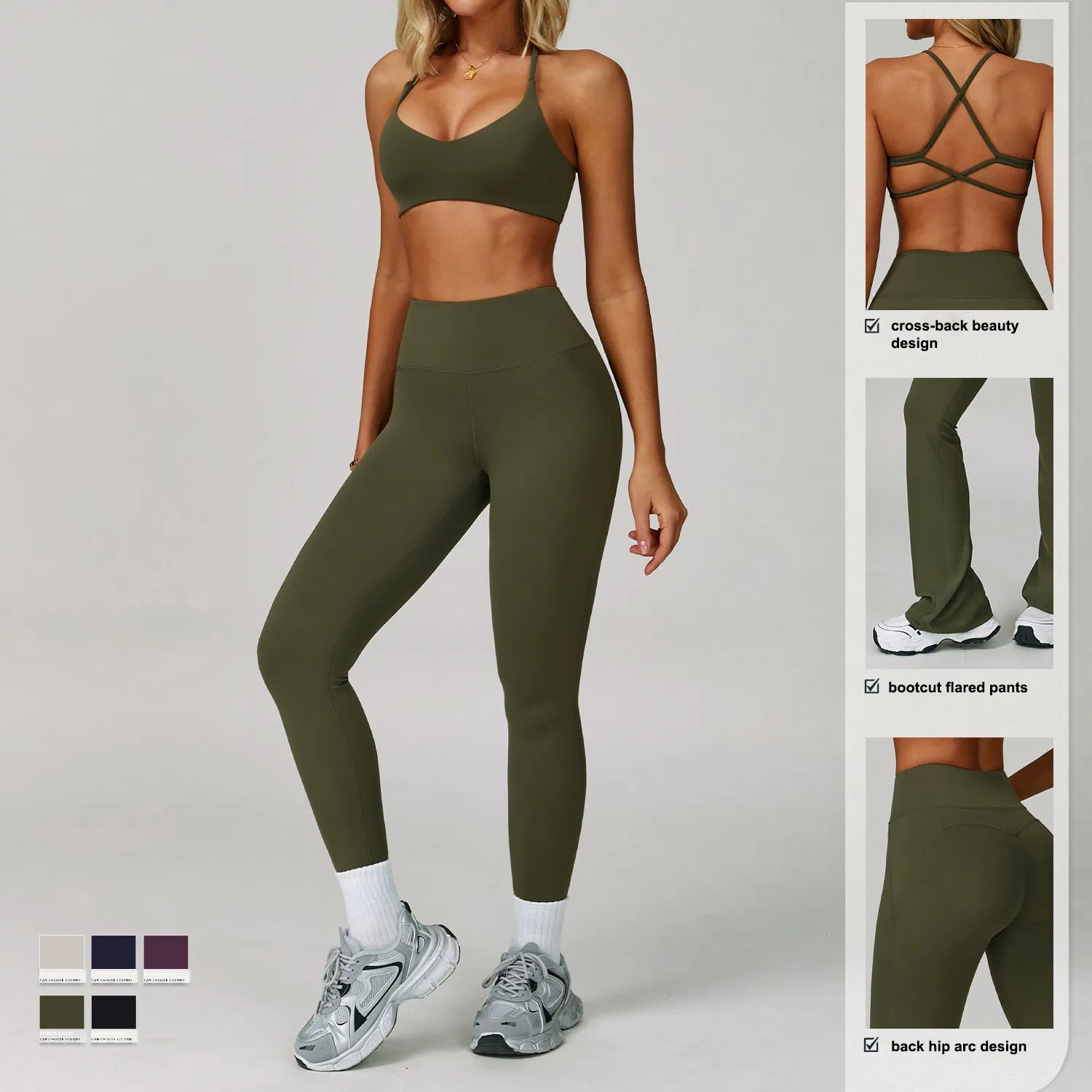تخصيص شعار ملابس اليوغا للنساء، حمالة صدر رياضية هالتر + شورتات رياضية + leggings عالية الخصر لتمارين الصالة الرياضية + بنطلونات كاجوال واسعة