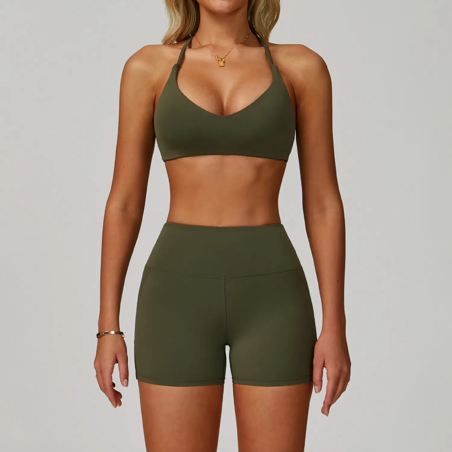 تخصيص شعار ملابس اليوغا للنساء، حمالة صدر رياضية هالتر + شورتات رياضية + leggings عالية الخصر لتمارين الصالة الرياضية + بنطلونات كاجوال واسعة
