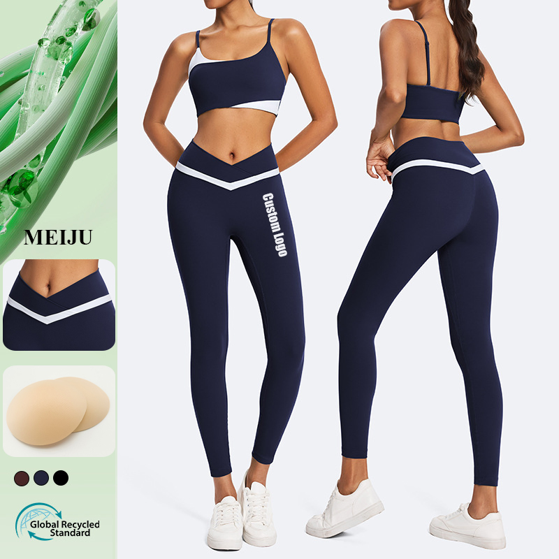 Eco-Friendly Recycled Fabric Outdoor Sports Bra V-Waist Leggings 2PCS Yoga Wear Women