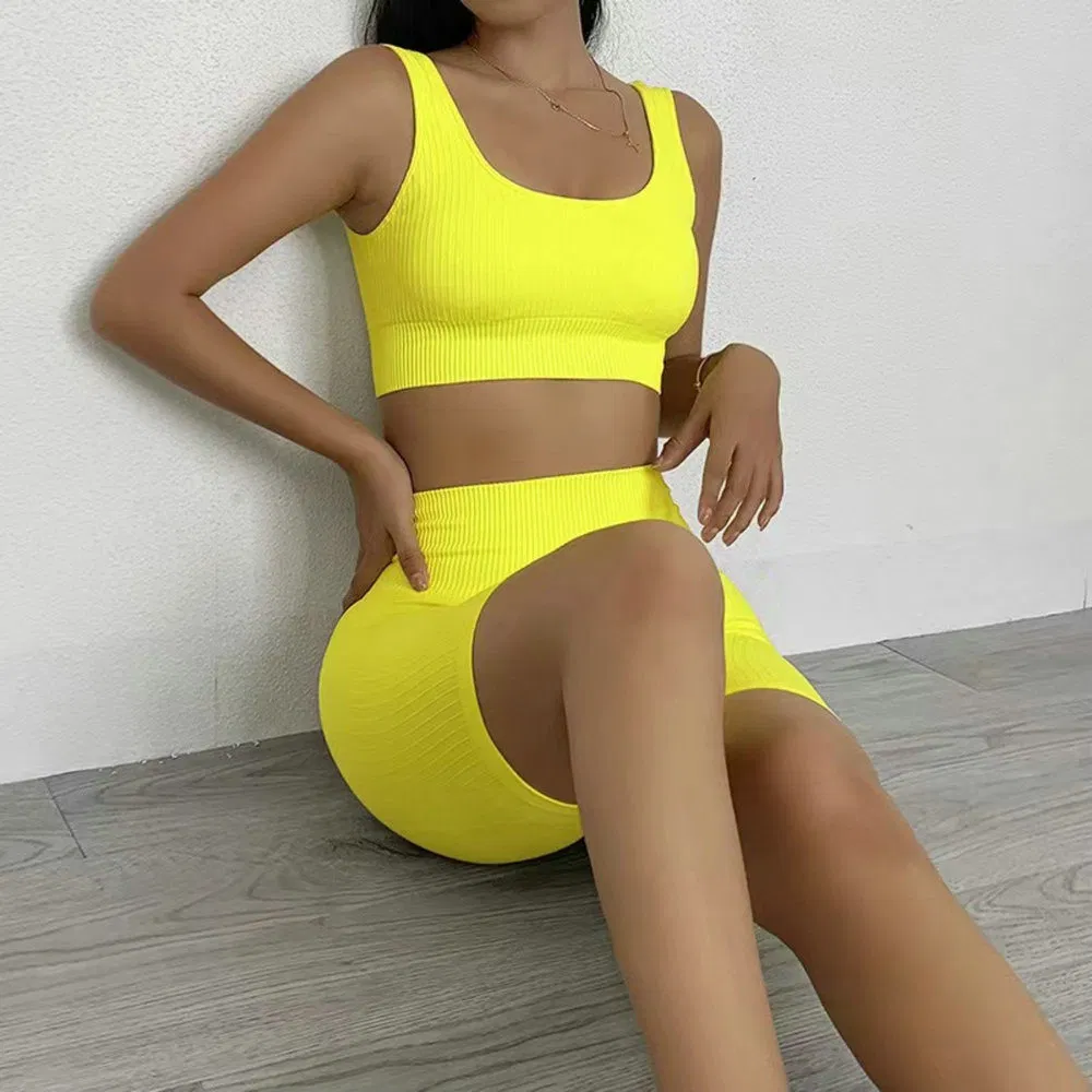 مجموعة يوجا قصيرة بدون seams للنساء، مجموعة رياضية مضلعة Bl18562