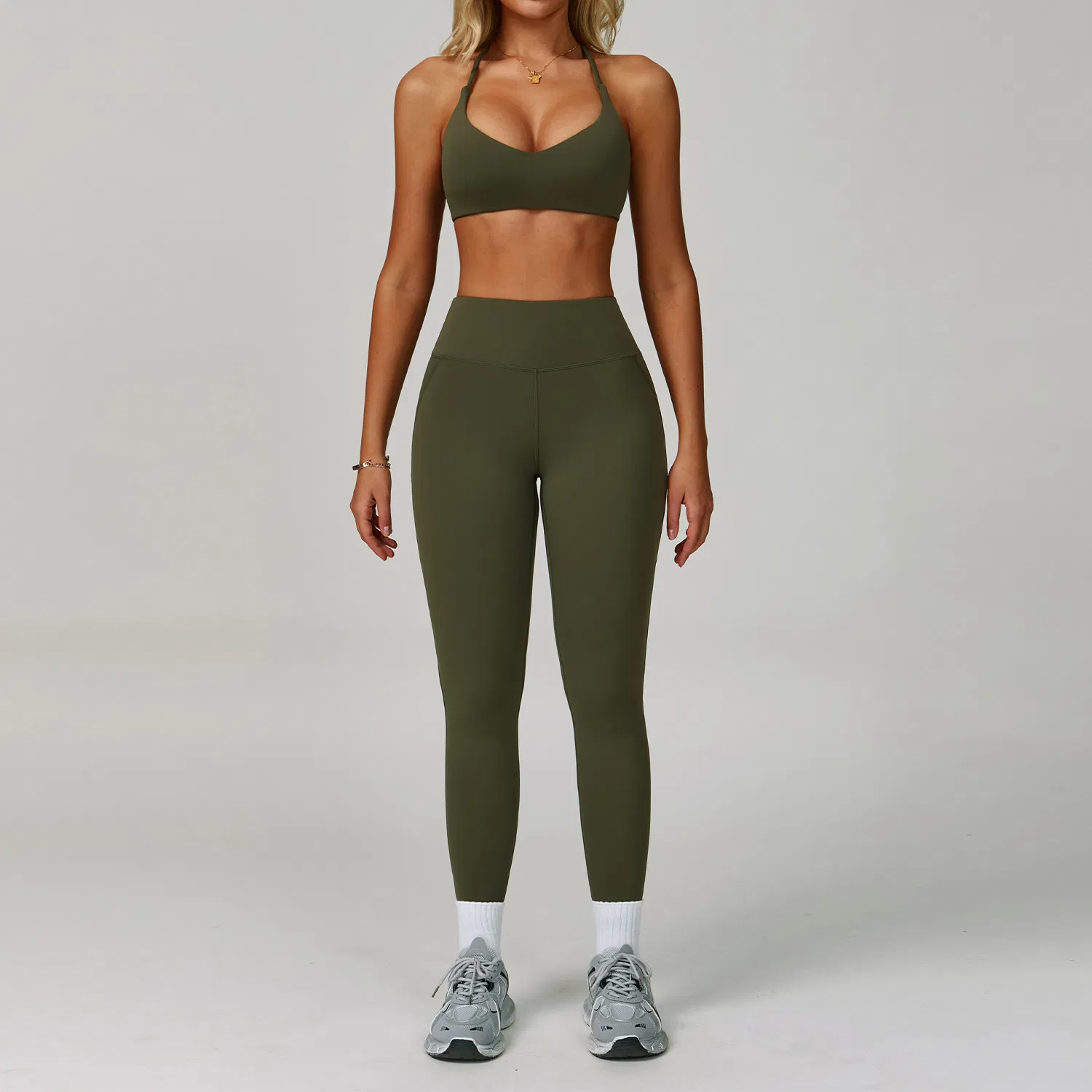 تخصيص شعار ملابس اليوغا للنساء، حمالة صدر رياضية هالتر + شورتات رياضية + leggings عالية الخصر لتمارين الصالة الرياضية + بنطلونات كاجوال واسعة