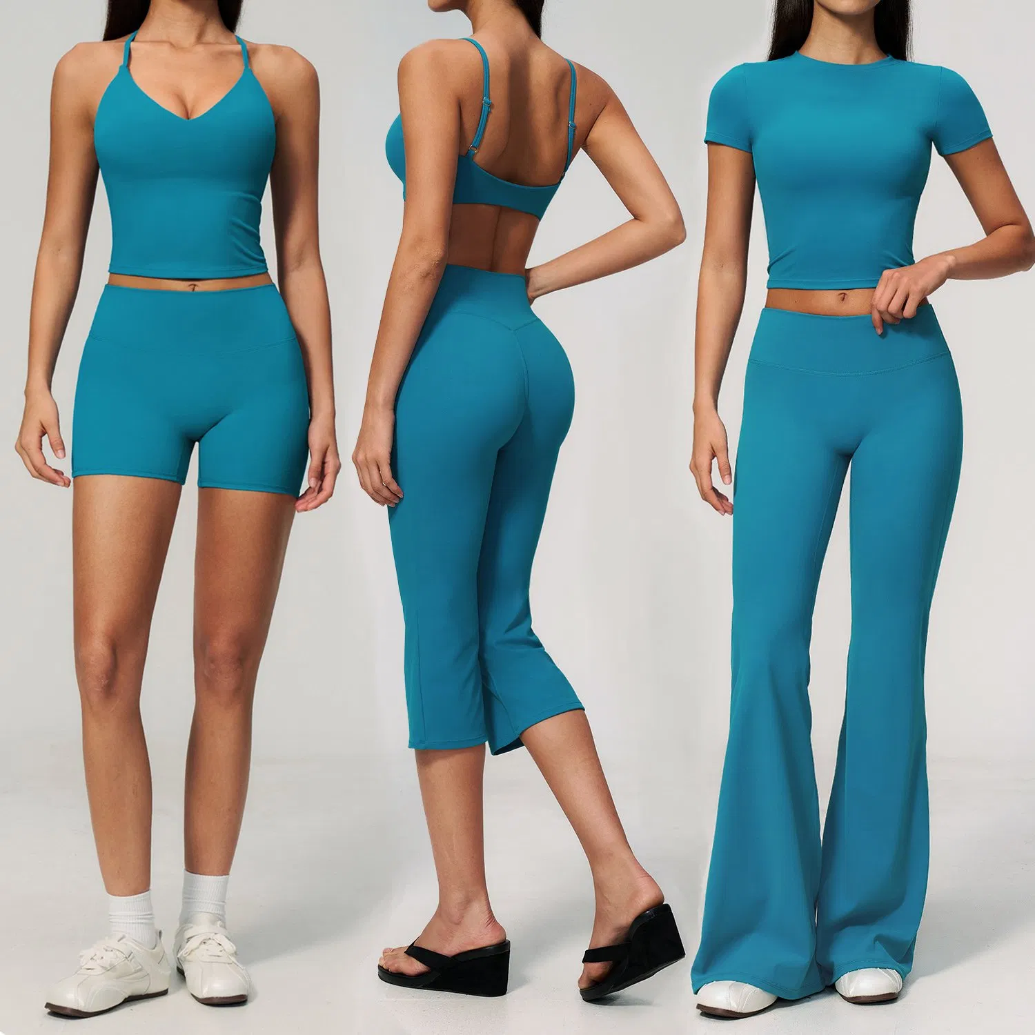 7-Piece مجموعة ملابس يوغا نسائية ناعمة، ملابس رياضية متناسقة مع حمالة صدر رياضية، Tops قصيرة وأساور متعددة الأنماط للجيم والتدريب