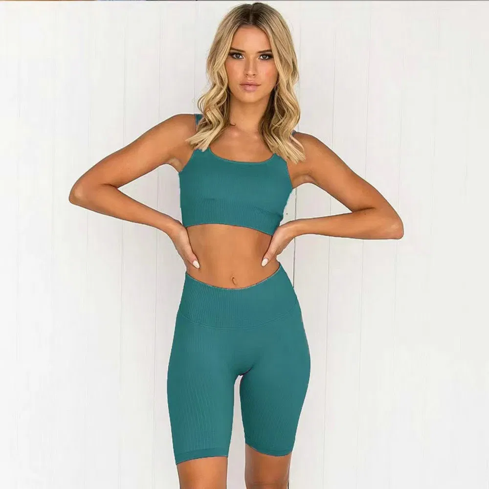 مجموعة يوجا قصيرة بدون seams للنساء، مجموعة رياضية مضلعة Bl18562