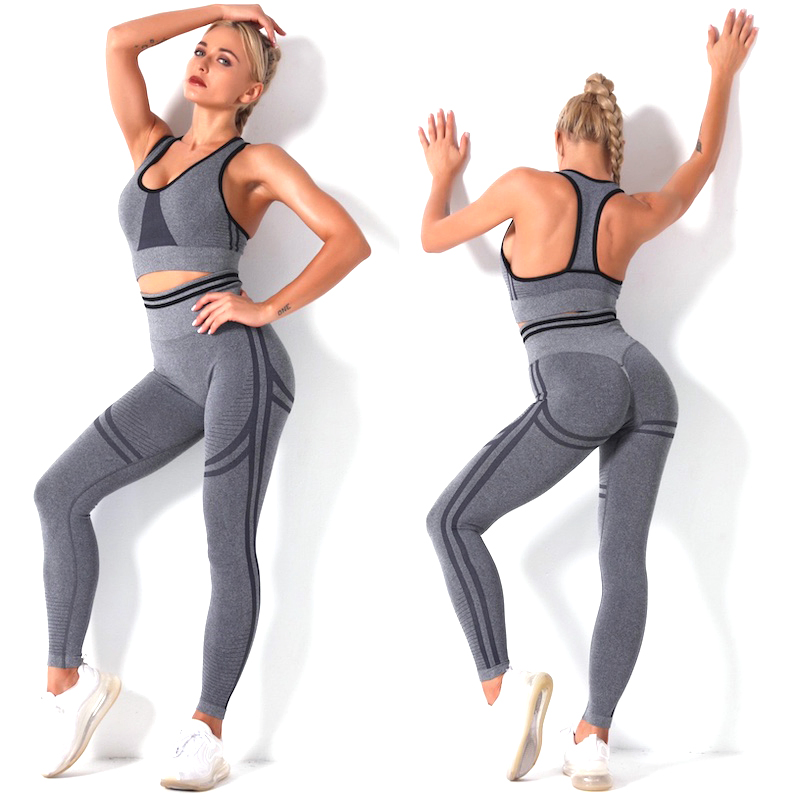 ملابس رياضية وردية لطيفة للنساء، ملابس جري بدون seams، مجموعة من leggings مجعدة + حمالة صدر رياضية، بدلة يوغا متطابقة بالجملة