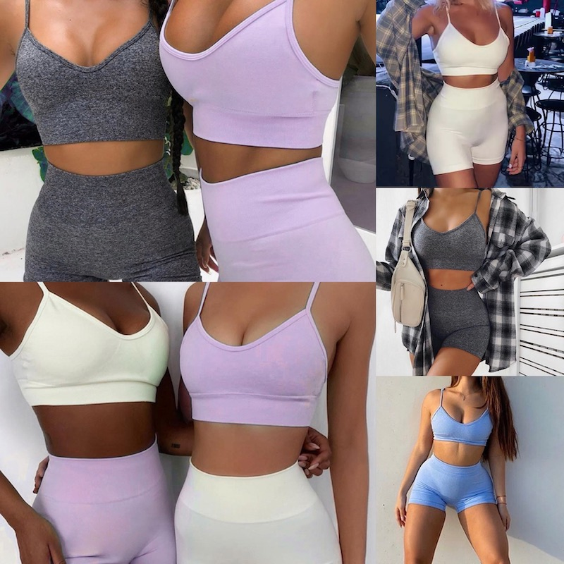 أفضل مبيع 3 قطعة ملابس لياقة بدنية يوجا بدون seams للنساء، قميص قصير الأكمام مخصص + حمالة صدر رياضية مبطنة + شورتات جري عالية الخصر، مصنع ملابس نشطة