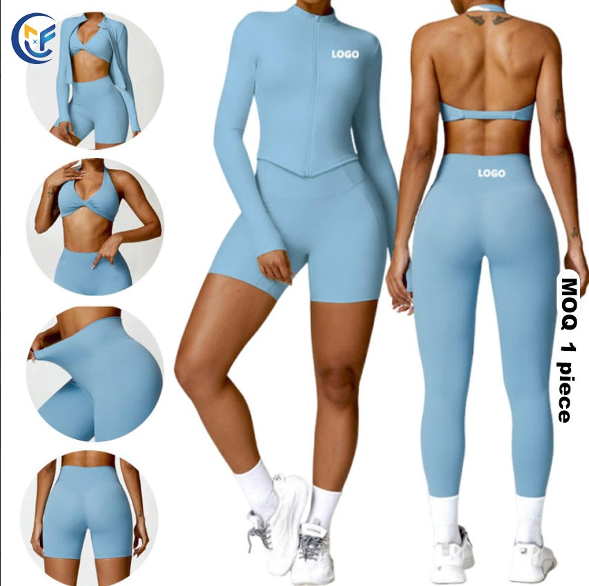 مجموعة ملابس رياضية غير رسمية للصالات الرياضية 2 قطعة من النايلون بأكمام طويلة وحمالة صدر رياضية وشورتات لياقة بدنية للنساء للجري
