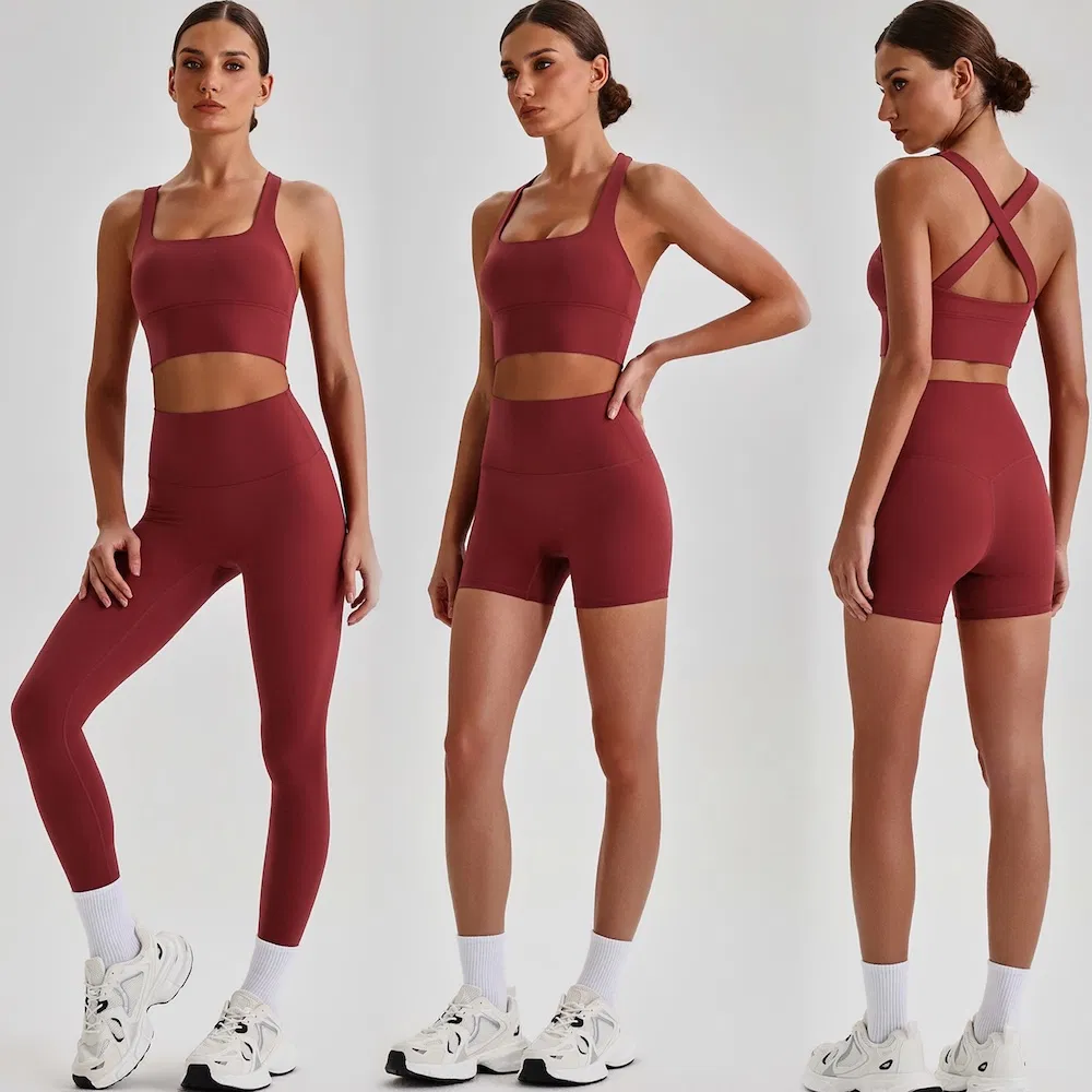 بيع بالجملة 3PCS ملابس يوغا لياقة بدنية عالية الجودة للنساء، حمالة صدر رياضية بظهر متقاطع + شورت بخصر مرتفع + ليجنز للجري ملابس التمرين