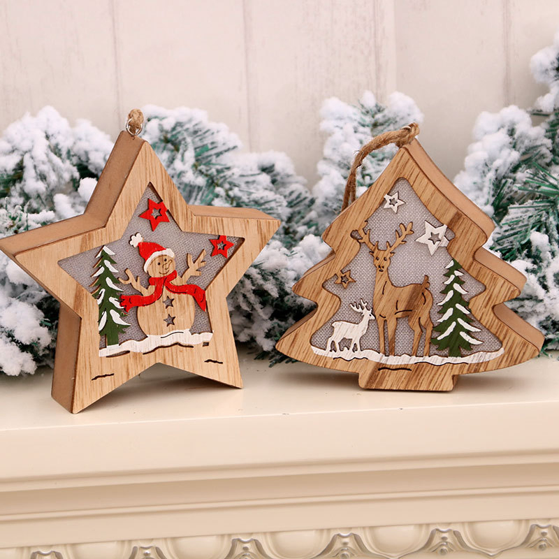 Charming Festive LED Light Christmas Star-Shaped Ornaments Wooden Home Decoration with Santa &amp; Snowman