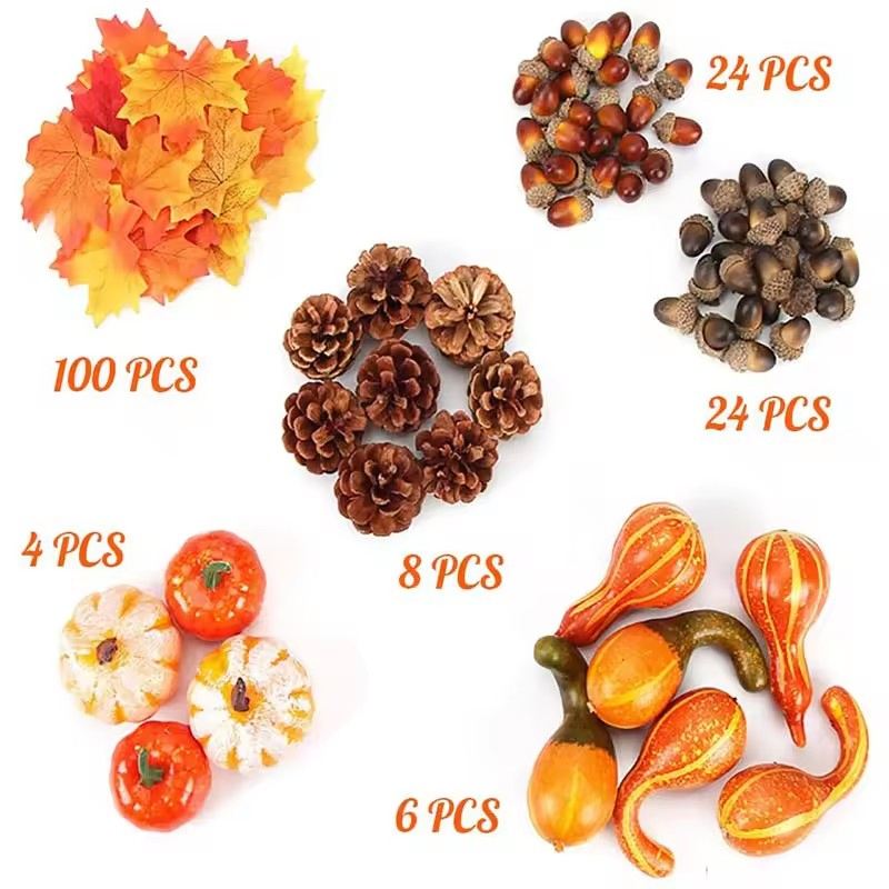 Thanksgiving Pumpkin Decorations - Artificial Mini Pumpkin Fall Maple Leaves, Acorns, Pine Cones Set for Halloween Thanksgiving