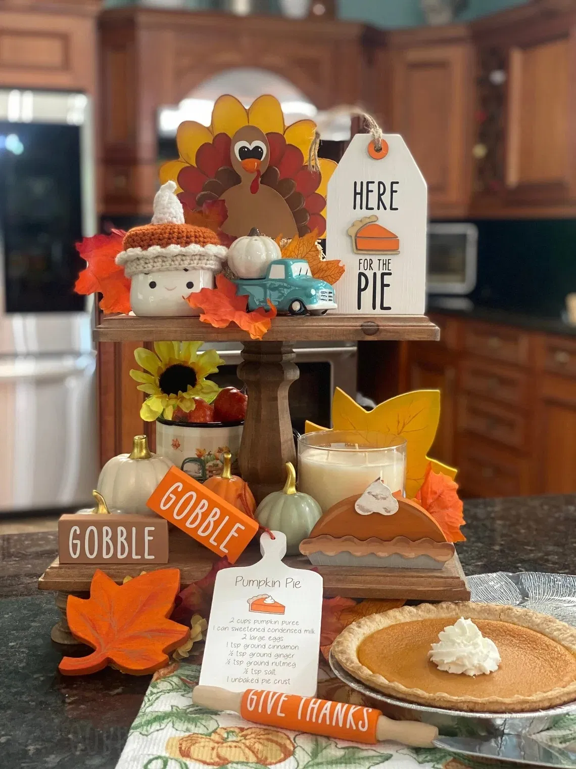 Turkey Leaves Wood Sign 4PCS Thanksgiving Tiered Tray Decoration Set for Home Kitchen