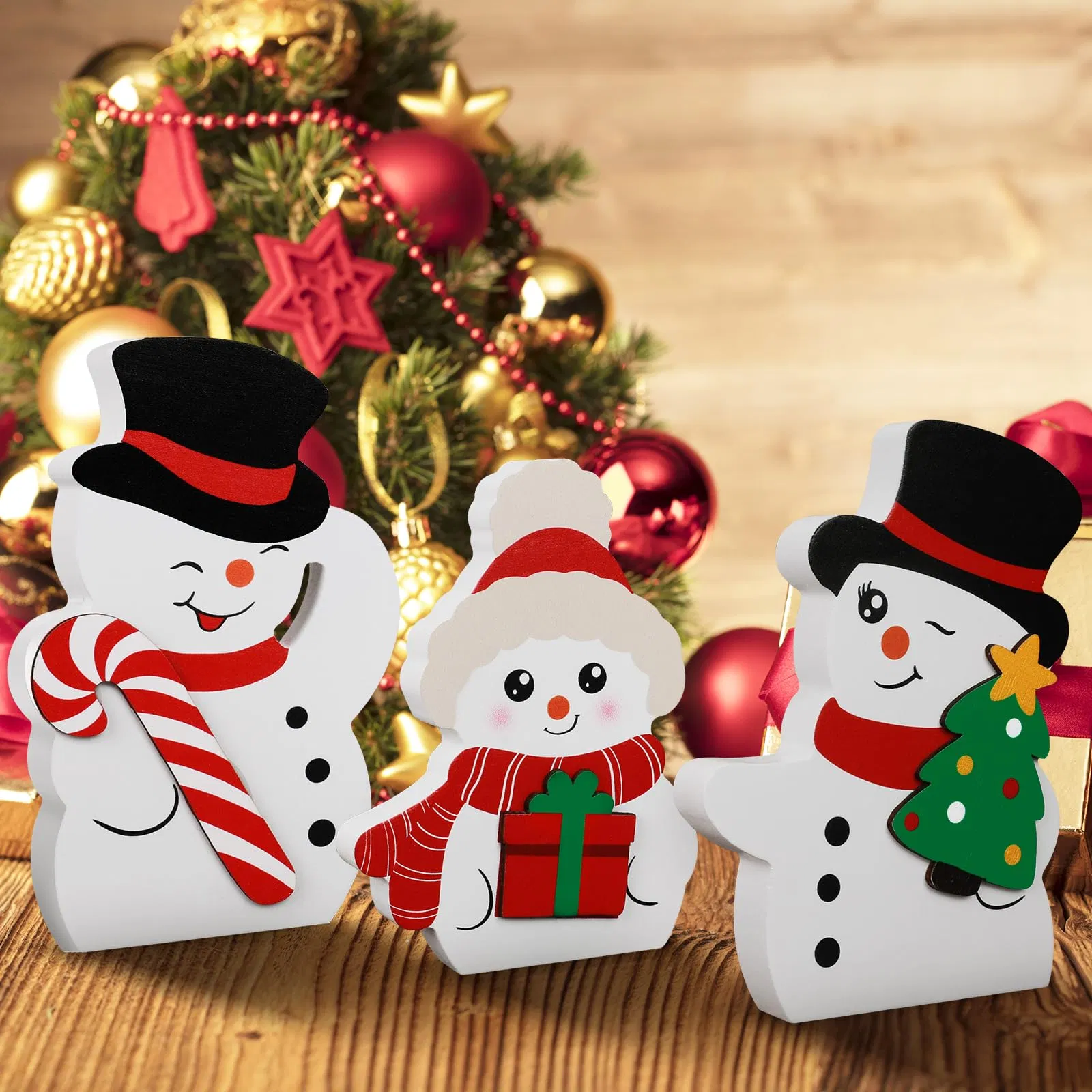 Cute Snowman Winter Decorations Christmas Wooden Tiered Tray Decoration