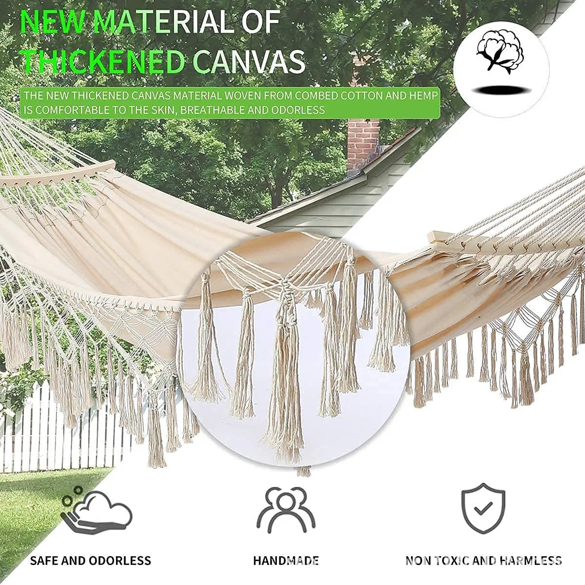 Removable Spread Bar Brazilian Portable Travel Outdoor Patio Yard Balcony Cotton Hamac Camping Hammock with Macrame Tassel Fringe