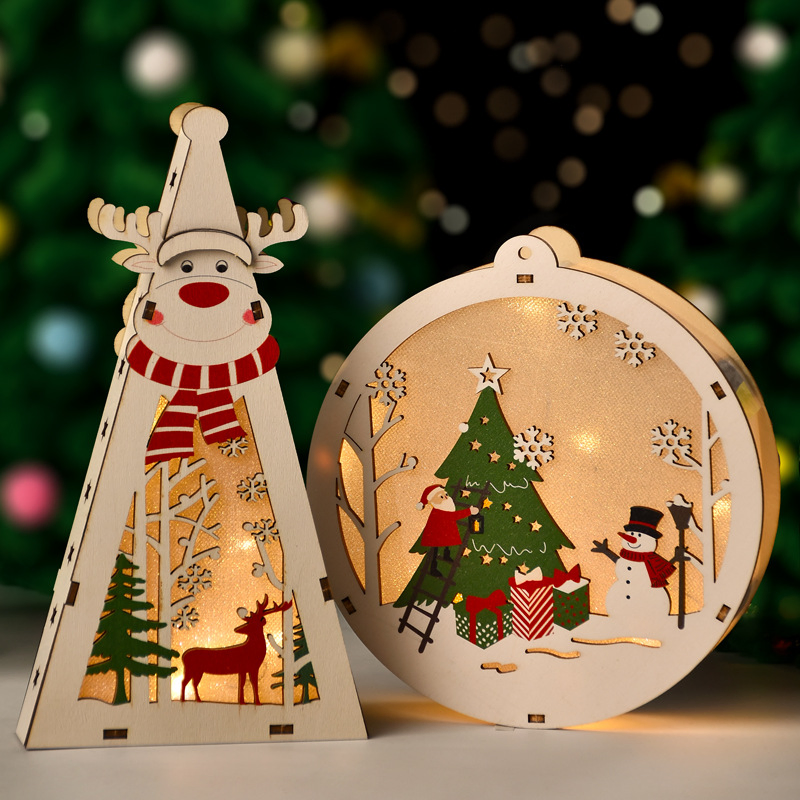 Customized Styles Wooden Star LED Lights Santa Claus Snowman Light Ornaments Christmas Festive Decorations