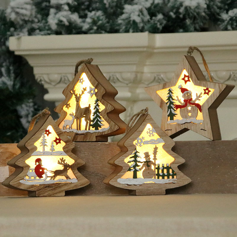Charming Festive LED Light Christmas Star-Shaped Ornaments Wooden Home Decoration with Santa &amp; Snowman