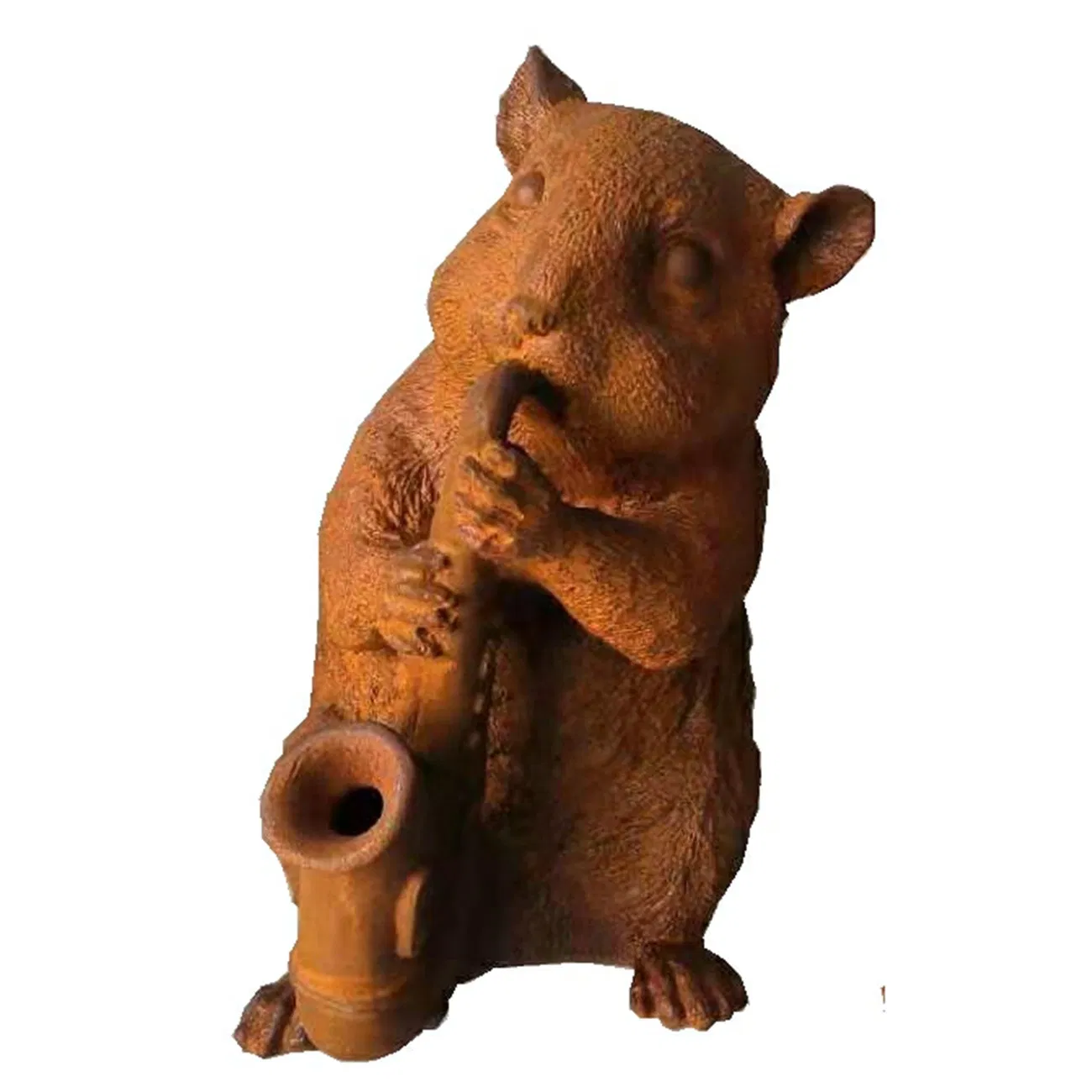 Cast Iron Sculpture of a Mouse Playing an Instrument