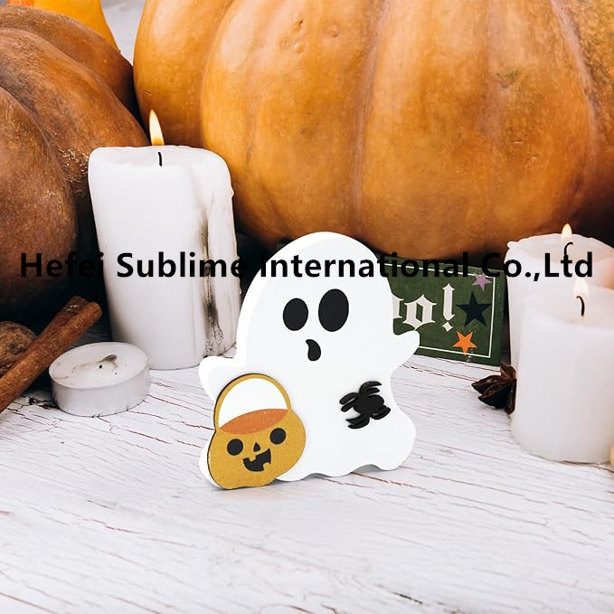 Cute Ghost Halloween Decorations Wooden Tiered Tray Decor Table Sign Halloween Decor Wooden Ghost Sign for Party Home Shelf Display